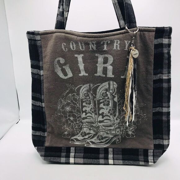 Handmade Tote Bag: Repurposed, Cowgirl, Brown, Tan, Cream, Boots, and Charm - Picture 3 of 9